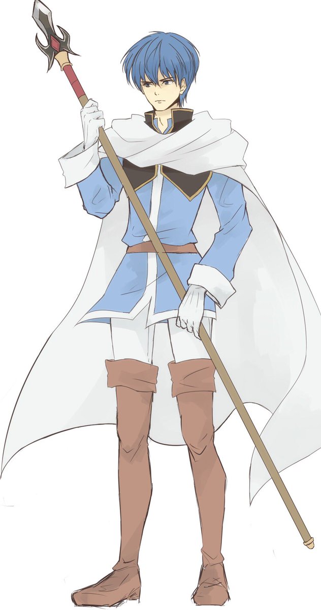 1boy bangs blue_eyes blue_hair blue_jacket boots brown_footwear cape chikefu finn_(fire_emblem) fire_emblem fire_emblem:_genealogy_of_the_holy_war full_body gloves hand_up highres holding holding_polearm holding_weapon jacket long_sleeves male_focus pants polearm short_hair simple_background solo spear standing thigh_boots weapon white_background white_cape white_gloves white_pants