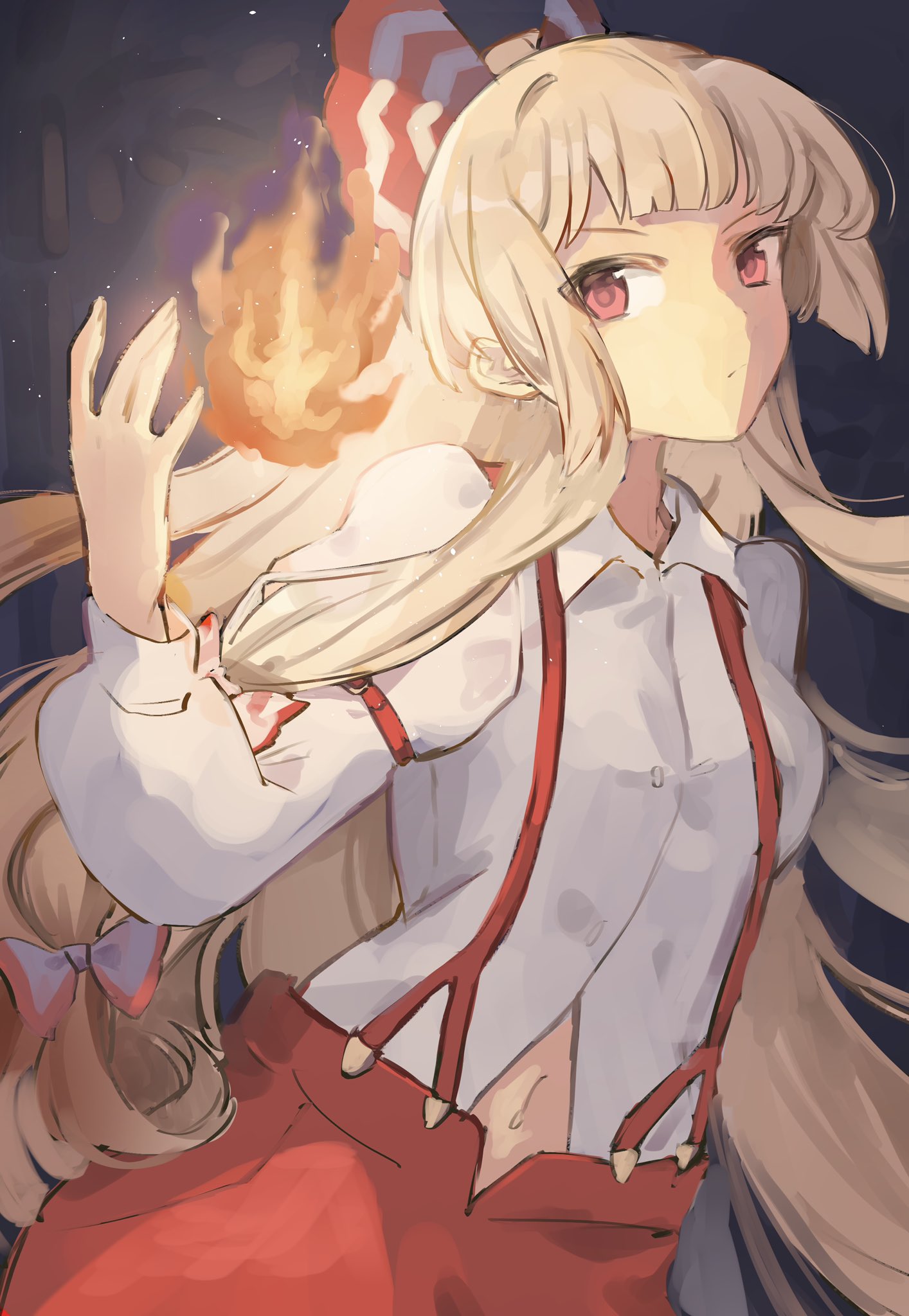 1girl arm_strap bangs bow chinese_commentary collared_shirt commentary expressionless fire fujiwara_no_mokou grey_hair hair_bow hand_up highres juliet_sleeves long_hair long_sleeves looking_at_viewer navel one-hour_drawing_challenge pants puffy_sleeves pyrokinesis red_bow red_eyes red_pants rin_(yukameiko) shirt sideways_glance solo suspenders touhou two-tone_bow upper_body white_bow white_shirt