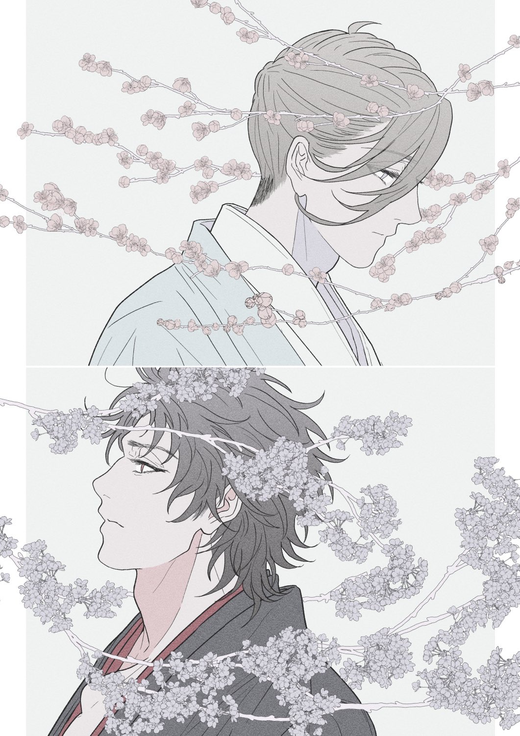 2boys adam's_apple ahoge black_hair black_kimono brown_eyes brown_hair cherry_blossoms closed_mouth expressionless eyebrows_behind_hair eyes_visible_through_hair fate/grand_order fate_(series) flower from_side grey_background grey_eyes haori highres hijikata_toshizou_(fate) japanese_clothes kimiruun kimono looking_ahead male_focus multiple_boys muted_color outside_border pillarboxed plum_blossoms portrait profile short_hair white_kimono yamanami_keisuke_(fate)
