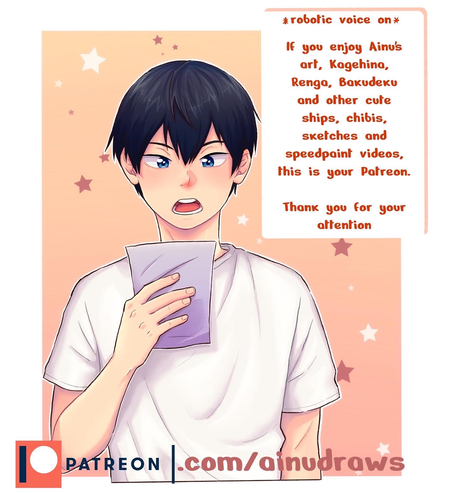 1boy ainudraws black_hair blue_eyes english_text haikyuu!! highres holding holding_paper kageyama_tobio open_mouth paper patreon_logo patreon_username reading shirt short_hair t-shirt white_shirt