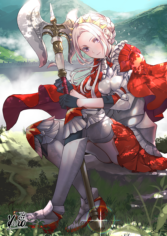 1girl axe blush breasts cape closed_mouth edelgard_von_hresvelg fire_emblem fire_emblem:_three_houses fire_emblem_warriors:_three_hopes gloves hair_ornament hair_ribbon kero_sweet long_hair looking_at_viewer official_alternate_costume red_cape ribbon simple_background solo uniform violet_eyes water white_hair