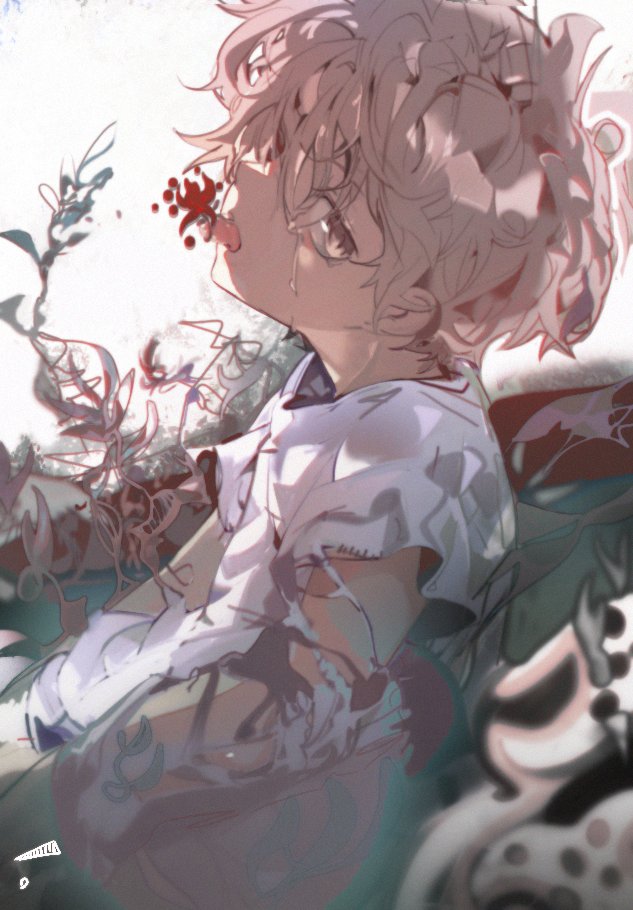 1boy blonde_hair blood blood_splatter brown_eyes crying facing_to_the_side looking_at_viewer male_focus min_(minhk215) original plant shirt short_hair short_sleeves solo tongue tongue_out wavy_hair white_background white_shirt