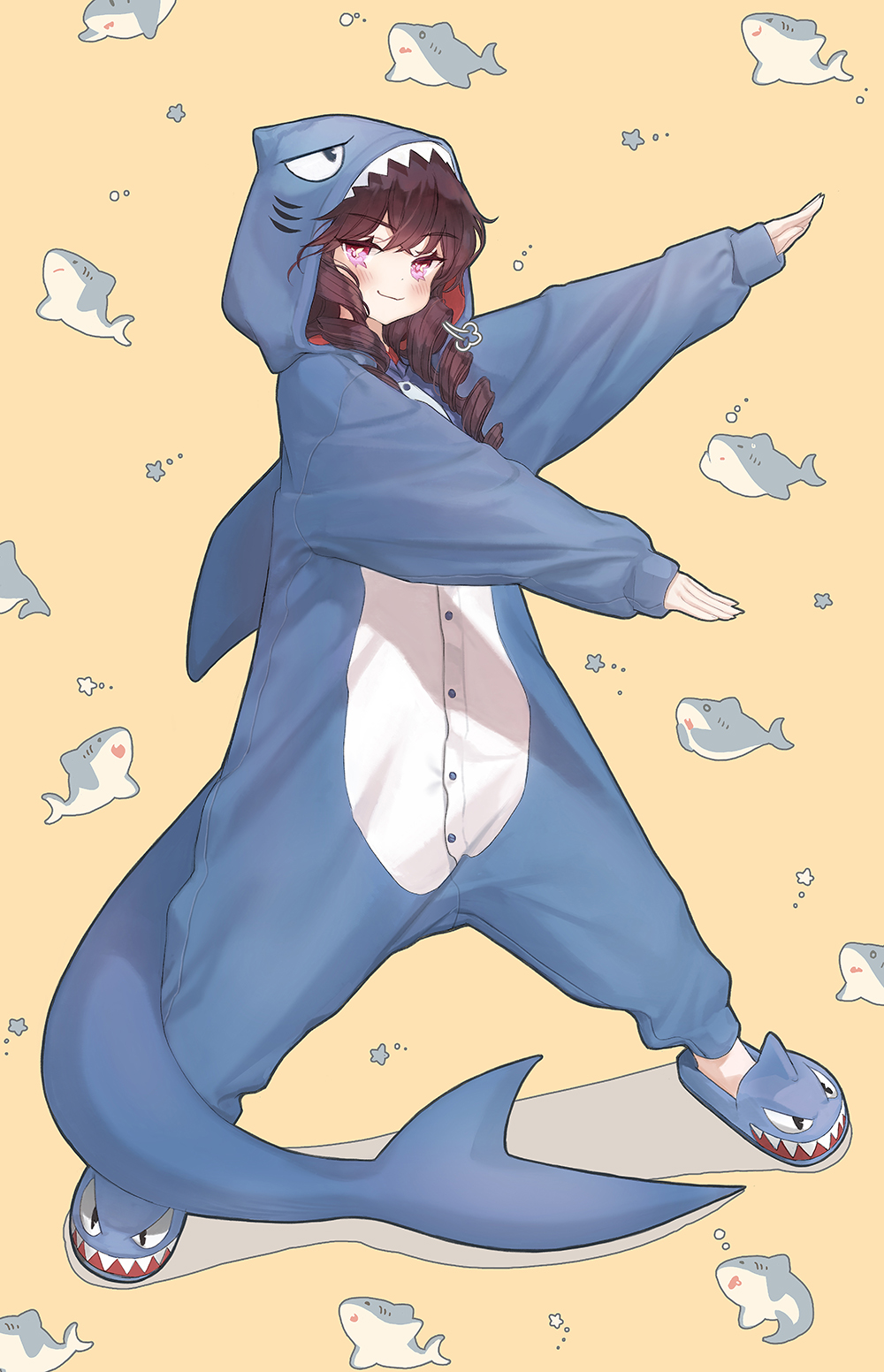 1girl animal_costume animal_hood bangs brown_hair dancing drill_locks fish_tail highres hood hood_up korean_commentary kuzel_(bonolangje) manyeoui_dosi odil_gemini onesie shark_costume shark_hood shark_tail slippers smile solo tail violet_eyes yellow_background