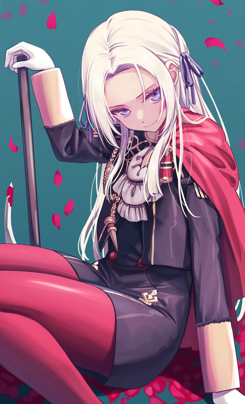 1girl ascot axe bow cape cropped_jacket deadnooodles edelgard_von_hresvelg fire_emblem fire_emblem:_three_houses forehead green_background highres miniskirt petals red_legwear rose_petals simple_background skirt solo violet_eyes white_hair