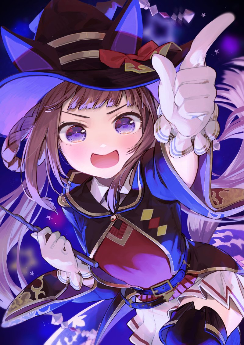 1girl :d bangs belt black_headwear blush bow brown_hair cape character_request finger_gun foreshortening gloves hat hat_bow index_finger_raised long_hair looking_at_viewer open_mouth pleated_skirt pointing pointing_at_viewer red_bow skirt smile solo star_(sky) syuri22 thigh-highs umamusume violet_eyes white_gloves witch_hat