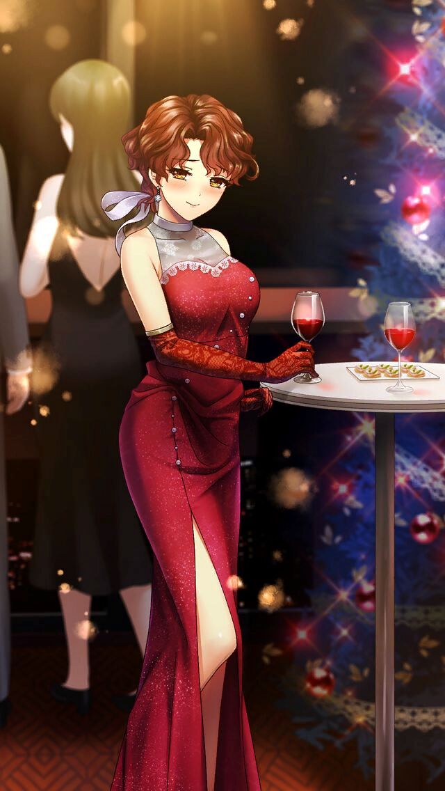 2girls blurry blurry_background blush brown_eyes brown_hair christmas_tree closed_mouth cup doukyuusei doukyuusei_another_world dress drinking_glass earrings elbow_gloves game_cg gloves hair_ribbon jewelry long_dress multiple_girls red_dress red_gloves ribbon shingyouji_reiko shiny shiny_hair short_hair side_slit sleeveless sleeveless_dress smile solo_focus standing white_ribbon