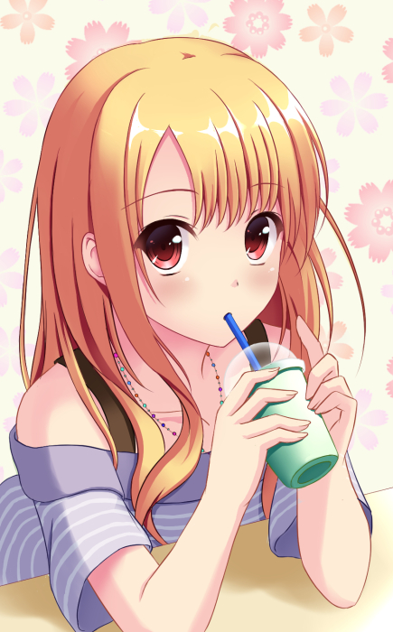 1girl bangs bare_shoulders blonde_hair blush collarbone cup drinking drinking_straw floral_background holding holding_cup jewelry korotan long_hair looking_at_viewer necklace original red_eyes short_sleeves solo striped