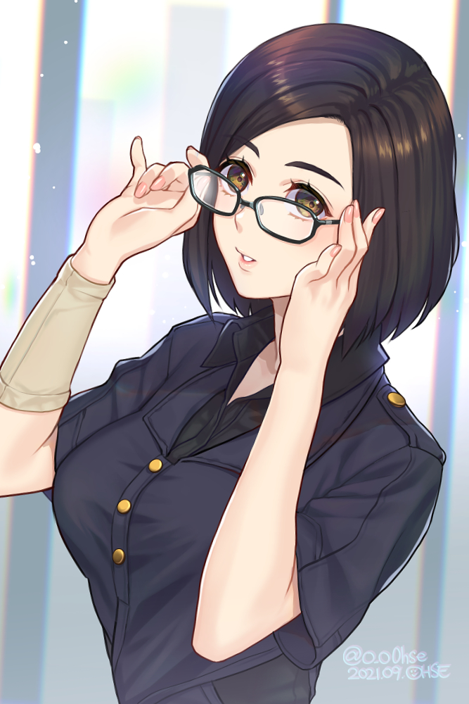 1girl adjusting_eyewear armband asymmetrical_hair black_hair black_shirt blue_shirt breasts brown_eyes buttons final_fantasy final_fantasy_vii final_fantasy_vii_remake glasses large_breasts looking_at_viewer nayo_(ff7) ohse parted_lips shirt short_hair short_sleeves solo upper_body