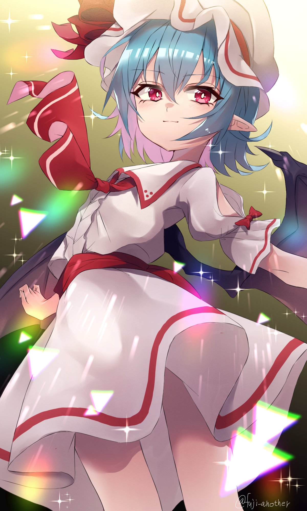 1girl ascot bat_wings blue_hair closed_mouth cowboy_shot hair_between_eyes hat hat_ribbon highres katsukare looking_to_the_side mob_cap pointy_ears red_ascot red_eyes red_ribbon remilia_scarlet ribbon shirt short_hair short_sleeves signature skirt skirt_set solo sparkle touhou twitter_username white_shirt white_skirt wings