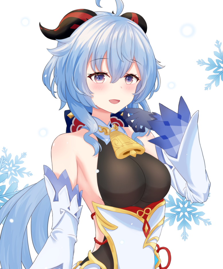 1girl ahoge bangs bare_shoulders bell blue_gloves blue_hair blush bow breasts detached_sleeves dotokomuillust ganyu_(genshin_impact) genshin_impact gloves hand_to_own_mouth horns long_hair looking_to_the_side low_ponytail medium_breasts neck_bell open_mouth sidelocks smile snowflakes solo upper_body violet_eyes white_background white_sleeves