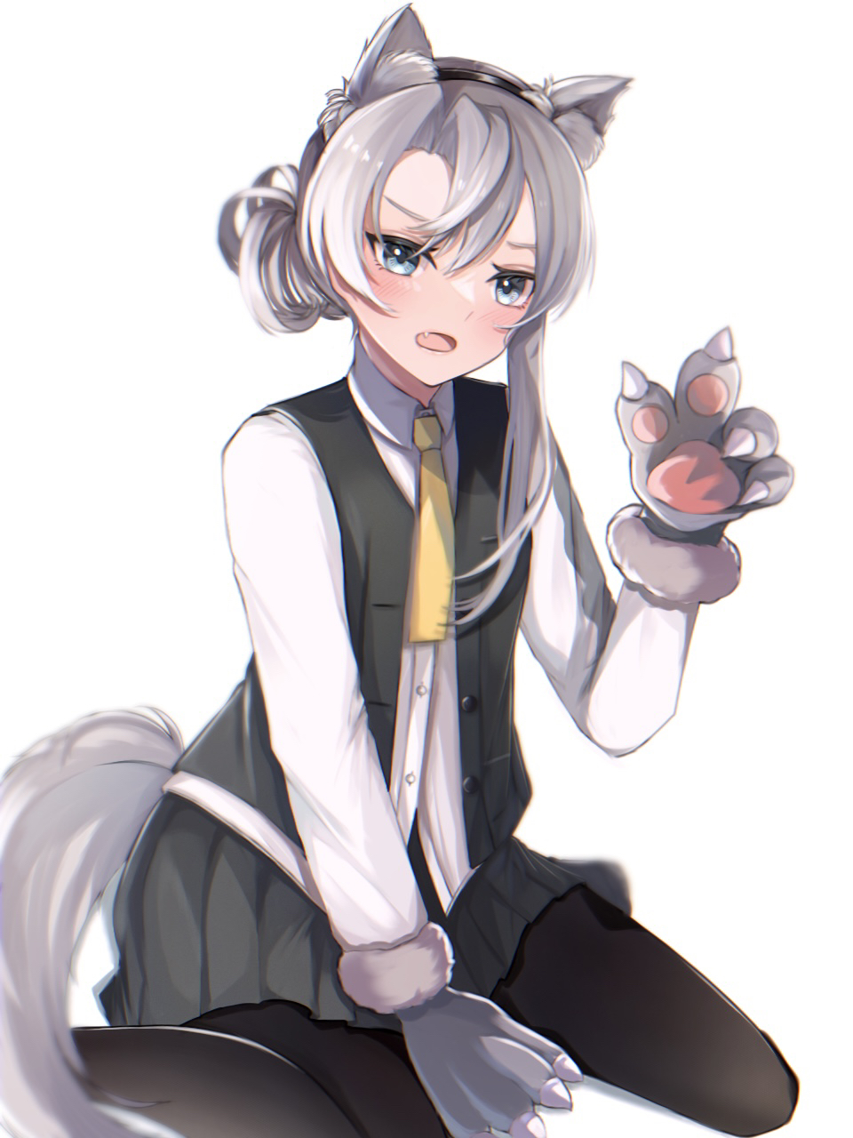 1girl animal_ear_fluff animal_ears animal_hands asymmetrical_hair bangs black_legwear blue_eyes blush buttons collared_shirt dog_ears dog_tail fang flipped_hair fur-trimmed_gloves fur_trim gloves grey_hair grey_skirt grey_vest hairband hand_up highres kantai_collection long_sleeves necktie nowaki_(kancolle) on_floor open_clothes open_mouth open_vest pantyhose paw_gloves pleated_skirt ranran_3939 shirt short_hair simple_background sitting skirt solo swept_bangs tail unbuttoned_vest vest wariza white_background white_shirt yellow_necktie