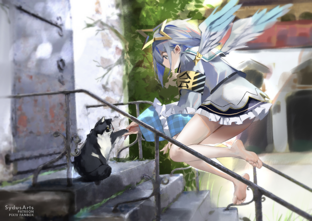 1girl amane_kanata angel angel_wings asymmetrical_hair bare_legs barefoot blue_hair blue_wings christ_signboard colored_inner_hair feathered_wings feet gradient gradient_wings grey_hair hair_ornament hairclip halo holoforce hololive multicolored_hair multicolored_wings short_hair single_hair_intake soles star_halo streaked_hair sydus violet_eyes virtual_youtuber white_wings wings