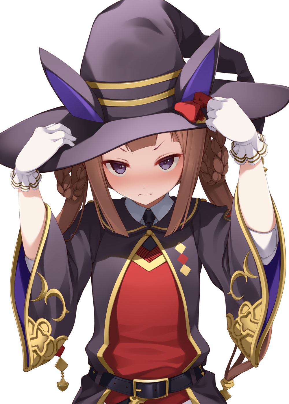 1girl animal_ears belt blush brown_hair closed_eyes commentary_request gloves hair_rings hat highres horse_ears long_hair looking_at_viewer mofu_namako simple_background solo sweep_tosho_(umamusume) twintails umamusume violet_eyes white_background white_gloves witch_hat