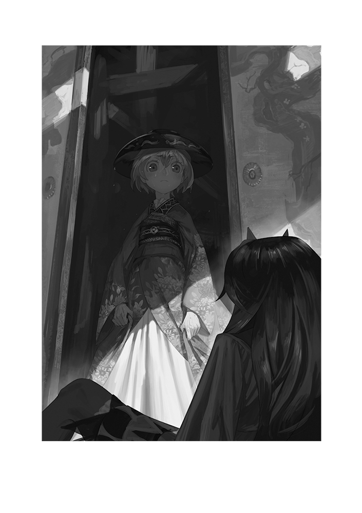 2girls alternate_hair_length alternate_hairstyle bowl bowl_hat commentary_request from_behind greyscale hat horns indoors japanese_clothes kijin_seija kimono long_hair long_sleeves monochrome multiple_girls obi petticoat sash short_hair sitting skirt_hold sukuna_shinmyoumaru touhou yamamomo_(plank)