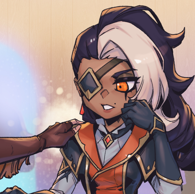 1girl bangs black_gloves black_hair black_jacket brown_gloves collared_shirt eyepatch fingerless_gloves gloves gradient gradient_background grey_hair grey_shirt hand_on_another's_shoulder hand_up high_noon_samira jacket league_of_legends long_hair looking_at_another mole mole_above_mouth orange_eyes orange_jacket parted_lips phantom_ix_row samira shiny shiny_hair shirt solo_focus teeth upper_body