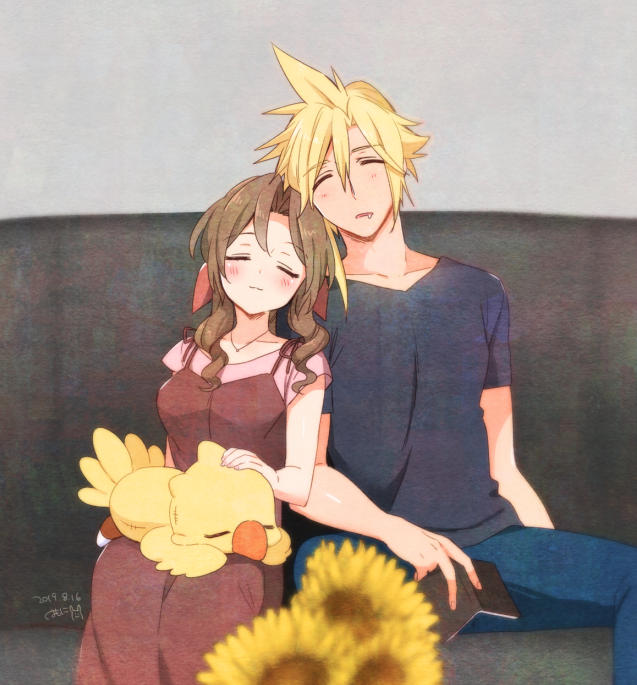 1boy 1girl aerith_gainsborough black_shirt blonde_hair blush book breasts brown_dress brown_hair chocobo closed_eyes cloud_strife couple denim dress final_fantasy final_fantasy_vii final_fantasy_vii_remake flower hair_between_eyes hair_ribbon holding holding_book jeans krudears medium_breasts pants pink_shirt ribbon saliva shirt sidelocks sitting sleeping spiky_hair stuffed_animal stuffed_toy sunflower t-shirt upper_body yellow_flower