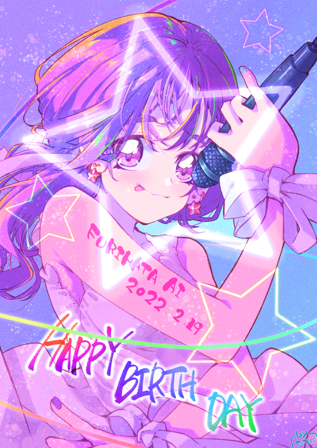 1girl artist_name bow character_name closed_mouth commentary dated dress earrings furihata_ai hand_up happy_birthday holding holding_microphone jewelry looking_at_viewer microphone pinky_out pose purple_background purple_hair real_life solo star_(symbol) star_earrings tanabe_mupa tongue tongue_out violet_eyes white_bow white_dress wrist_bow