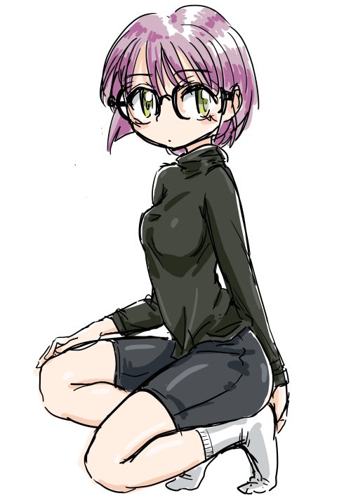 1girl bike_shorts breasts chrono_trigger full_body glasses looking_at_viewer lucca_ashtear purple_hair s-a-murai short_hair simple_background socks solo white_background