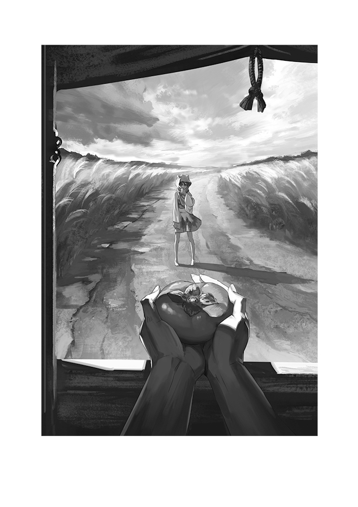 1girl 1other clouds cloudy_sky field food fruit greyscale holding holding_food holding_fruit hood kijin_seija long_sleeves monochrome out_of_frame outstretched_arms persimmon pov road scenery skirt sky solo_focus tomato touhou wheat_field yamamomo_(plank)