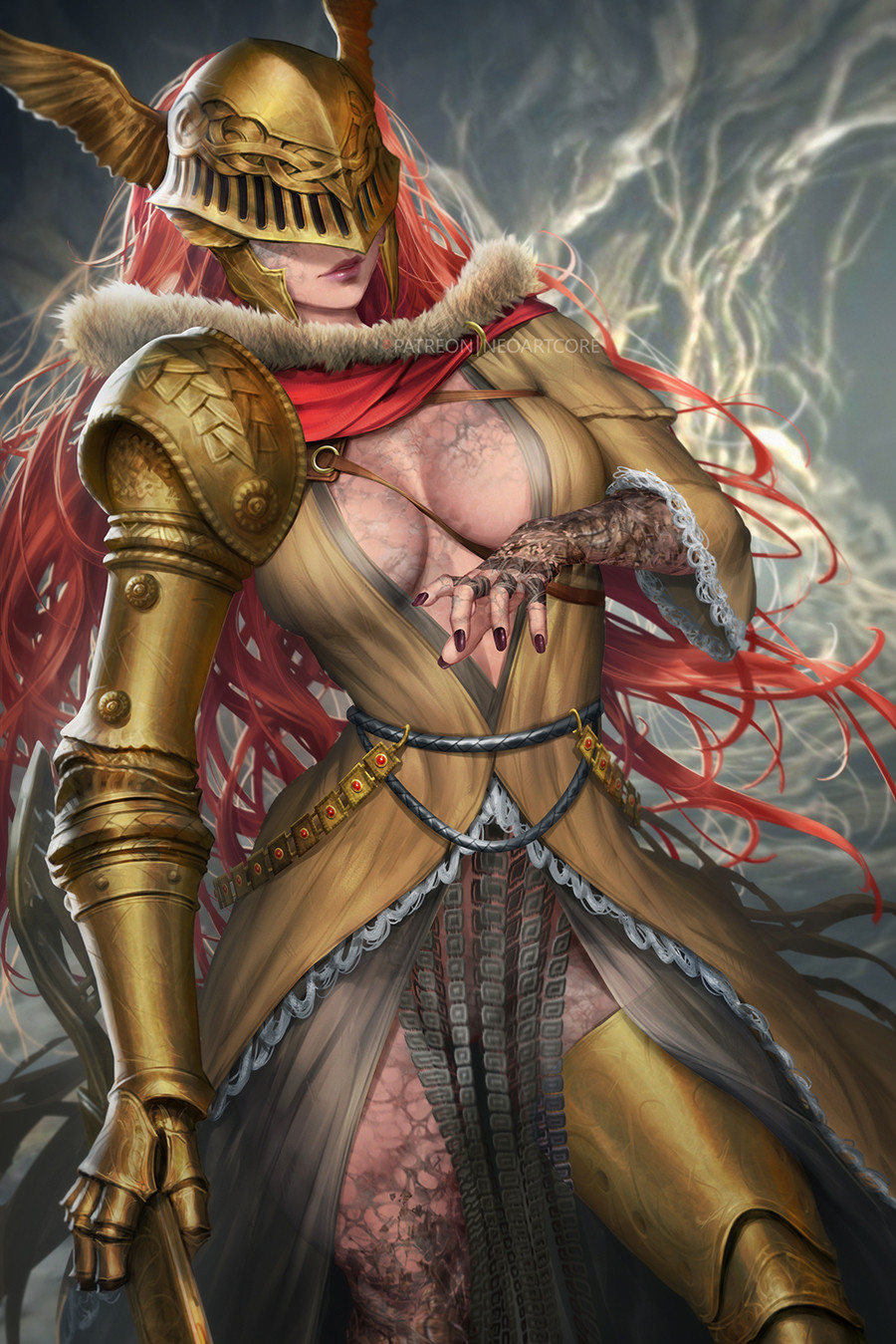 1girl armor bad_link blade breasts cape closed_mouth covered_eyes dress elden_ring helmet highres holding holding_sword holding_weapon long_hair looking_at_viewer malenia_blade_of_miquella mechanical_arms neoartcore prosthesis prosthetic_arm prosthetic_leg red_cape redhead scar single_mechanical_arm solo sword very_long_hair weapon winged_helmet