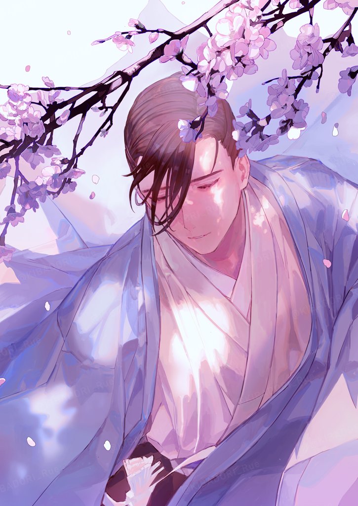 1boy blue_jacket brown_hair cherry_blossoms closed_eyes dappled_sunlight facing_to_the_side falling_petals fate/grand_order fate_(series) hair_over_one_eye haori jacket japanese_clothes kibadori_rue kimono male_focus parted_lips petals shinsengumi short_hair solo sunlight twitter_username upper_body white_kimono yamanami_keisuke_(fate)