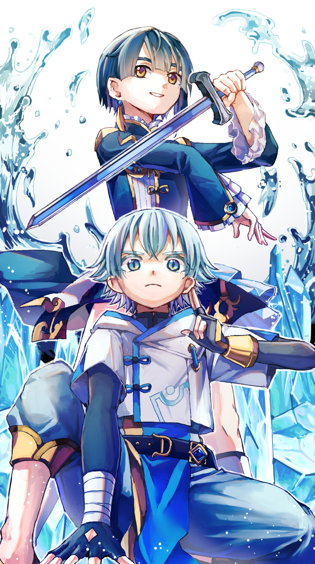 2boys aqua_hair asymmetrical_bangs bangs belt black_belt blue_eyes blue_hair child chinese_clothes chongyun_(genshin_impact) commentary_request earrings frilled_sleeves frills genshin_impact gloves hair_between_eyes highres holding holding_sword holding_weapon jewelry long_sleeves looking_at_viewer male_child male_focus multiple_boys open_mouth pants s_t_k_n_1 short_hair simple_background single_earring sword tassel tassel_earrings weapon white_pants xingqiu_(genshin_impact) yellow_eyes
