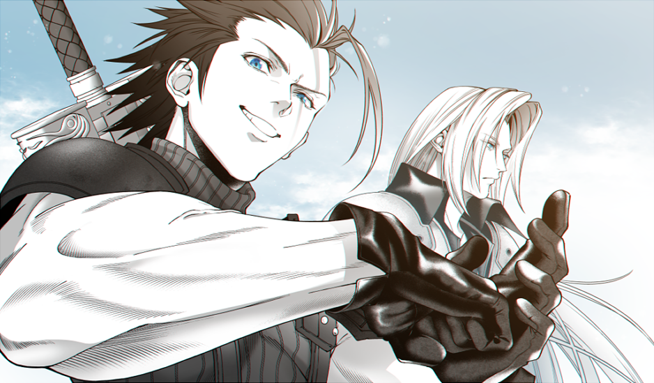 2boys armor bangs black_gloves black_hair blue_eyes buster_sword clouds crisis_core_final_fantasy_vii final_fantasy final_fantasy_vii gloves grin hair_slicked_back high_collar ko102k1 long_hair looking_at_viewer looking_to_the_side male_focus monochrome multiple_boys muscular muscular_male own_hands_together parted_bangs sephiroth short_hair shoulder_armor sideburns sky sleeveless sleeveless_turtleneck smile straight_hair suspenders teeth turtleneck upper_body weapon weapon_on_back white_hair zack_fair