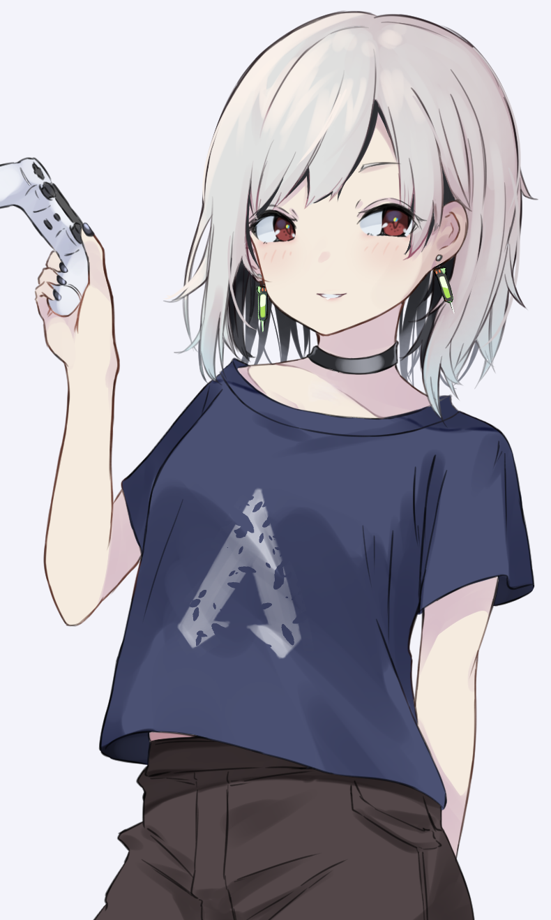 1girl apex_legends bangs black_choker black_nails black_pants blue_shirt breasts choker collarbone controller earrings game_controller grey_background grey_hair hand_up highres holding jewelry looking_at_viewer nail_polish original pants parted_bangs parted_lips red_eyes shirt short_sleeves simple_background small_breasts smile solo yusake_san