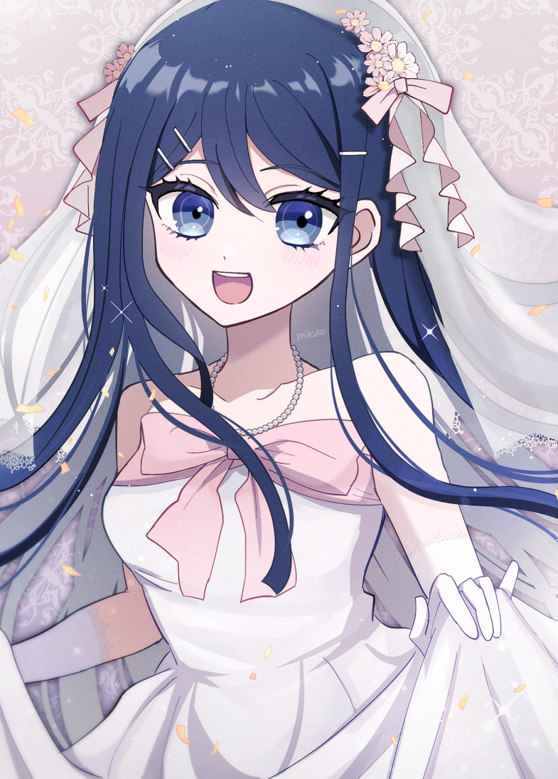 1girl :d alternate_costume bangs bare_shoulders blue_eyes bow bowtie bridal_veil collarbone danganronpa:_trigger_happy_havoc danganronpa_(series) dress grey_background grey_bow grey_bowtie hair_ornament hairclip jewelry maizono_sayaka mikao_(eanv5385) necklace open_mouth shiny shiny_hair skirt_hold sleeveless sleeveless_dress smile solo teeth upper_teeth veil wedding_dress white_dress