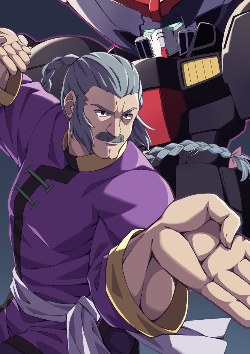 1boy braid braided_ponytail closed_mouth facial_hair fighting_stance g_gundam grey_eyes grey_hair gundam highres kochi_michikaze long_hair long_sleeves male_focus master_asia master_gundam mecha mustache robot sash single_braid upper_body white_sash