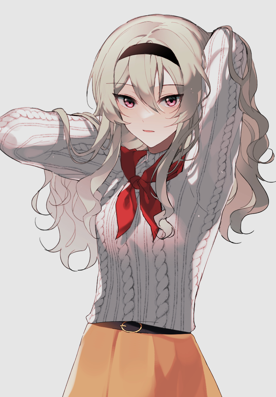 1girl aran_sweater arm_up arms_behind_head bangs belt belt_buckle black_belt black_hairband blonde_hair bn_(b32607) buckle cowboy_shot grey_background grey_sweater hair_between_eyes hair_lift hairband hand_up highres light_particles long_hair long_sleeves looking_at_viewer orange_skirt parted_lips pink_eyes saijou_claudine shoujo_kageki_revue_starlight sidelocks simple_background skirt solo standing sweater wavy_hair