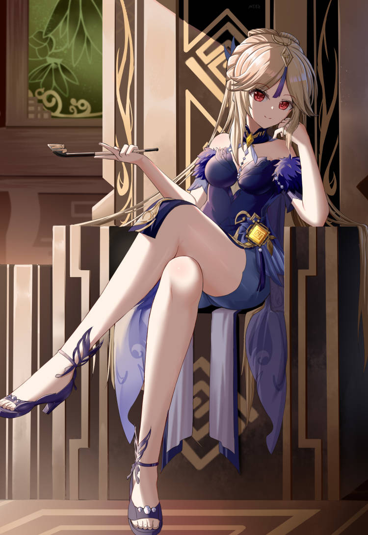 1girl bangs commentary_request crossed_legs detached_sleeves eyes_visible_through_hair formal genshin_impact grey_hair high_heels holding holding_smoking_pipe long_hair looking_at_viewer ningguang_(genshin_impact) ningguang_(orchid's_evening_gown)_(genshin_impact) official_alternate_costume parted_bangs redhead short_sleeves sidelocks sitting skym_(kumei) smile smoking_pipe solo throne