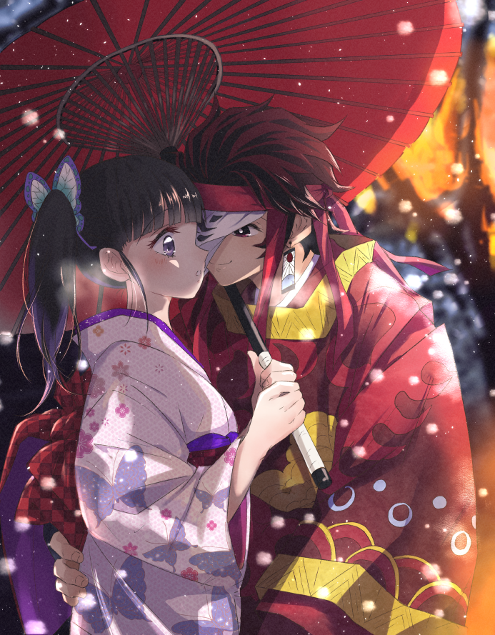 1boy 1girl animal_print black_hair blurry blurry_background breath butterfly_hair_ornament butterfly_print checkered_clothes colored_tips earrings eye_contact fire floral_print hair_ornament hand_on_another's_back hetero holding holding_umbrella japanese_clothes jewelry kamado_tanjirou kimetsu_no_yaiba kimono long_hair long_sleeves looking_at_another mask motion_blur multicolored_hair obi oil-paper_umbrella one_eye_covered profile purple_hair red_eyes redhead san_mon sash side_ponytail smile snowing streaked_hair surprised tsuyuri_kanao umbrella upper_body violet_eyes wide_sleeves winter