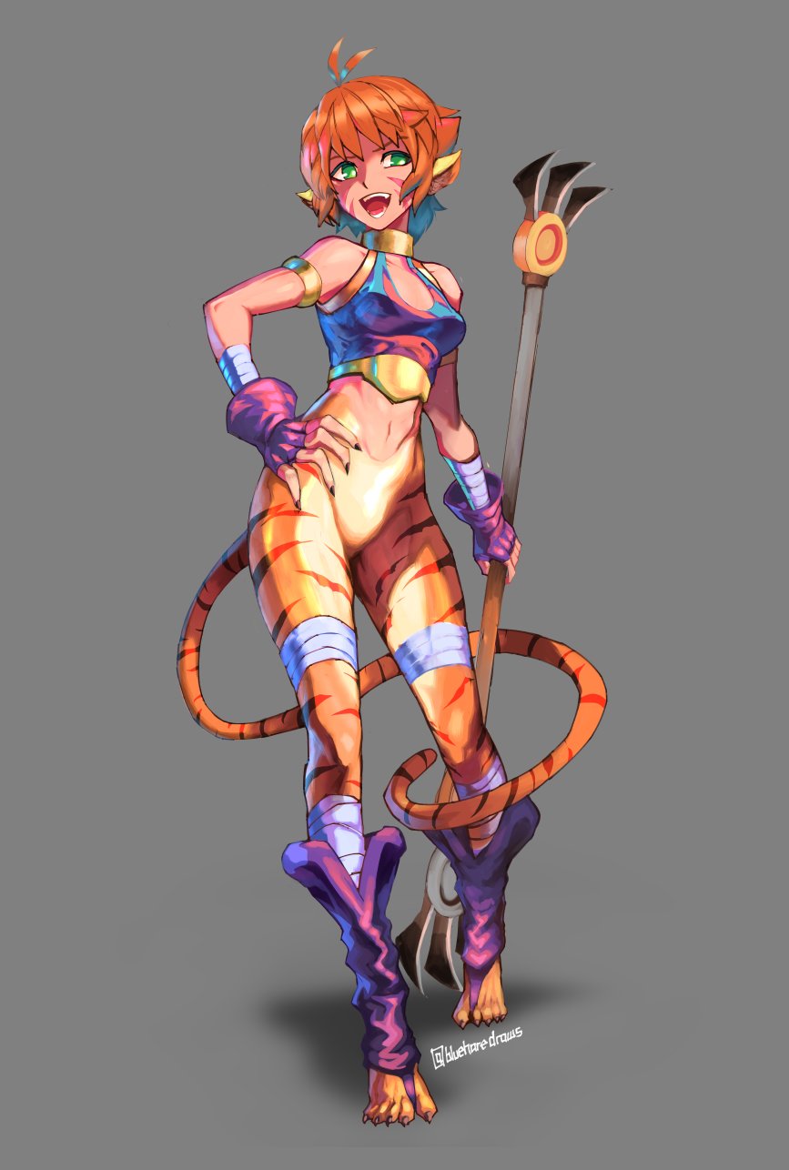 1girl animal_ears bandages boots bottomless breath_of_fire breath_of_fire_ii bustier cat_ears cat_girl cody's_art facial_mark fangs green_eyes grey_background highres orange_hair rinpoo_chuan short_hair slit_pupils smile staff tail tiger_tail yellow_eyes