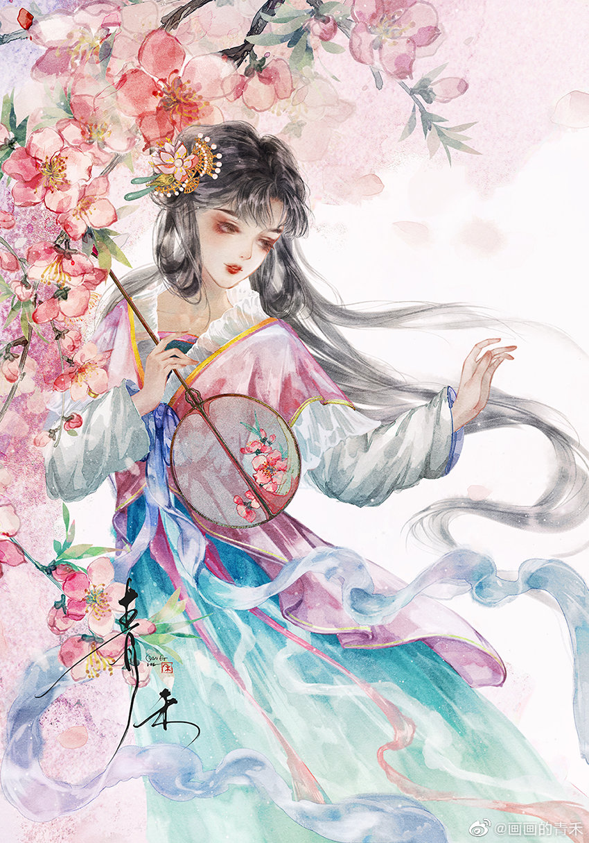 1girl black_hair branch dress flower hair_ornament hair_rings hand_fan highres huahua_de_qing_he long_sleeves multicolored_clothes multicolored_dress original outstretched_hand pink_background ribbon solo teeth