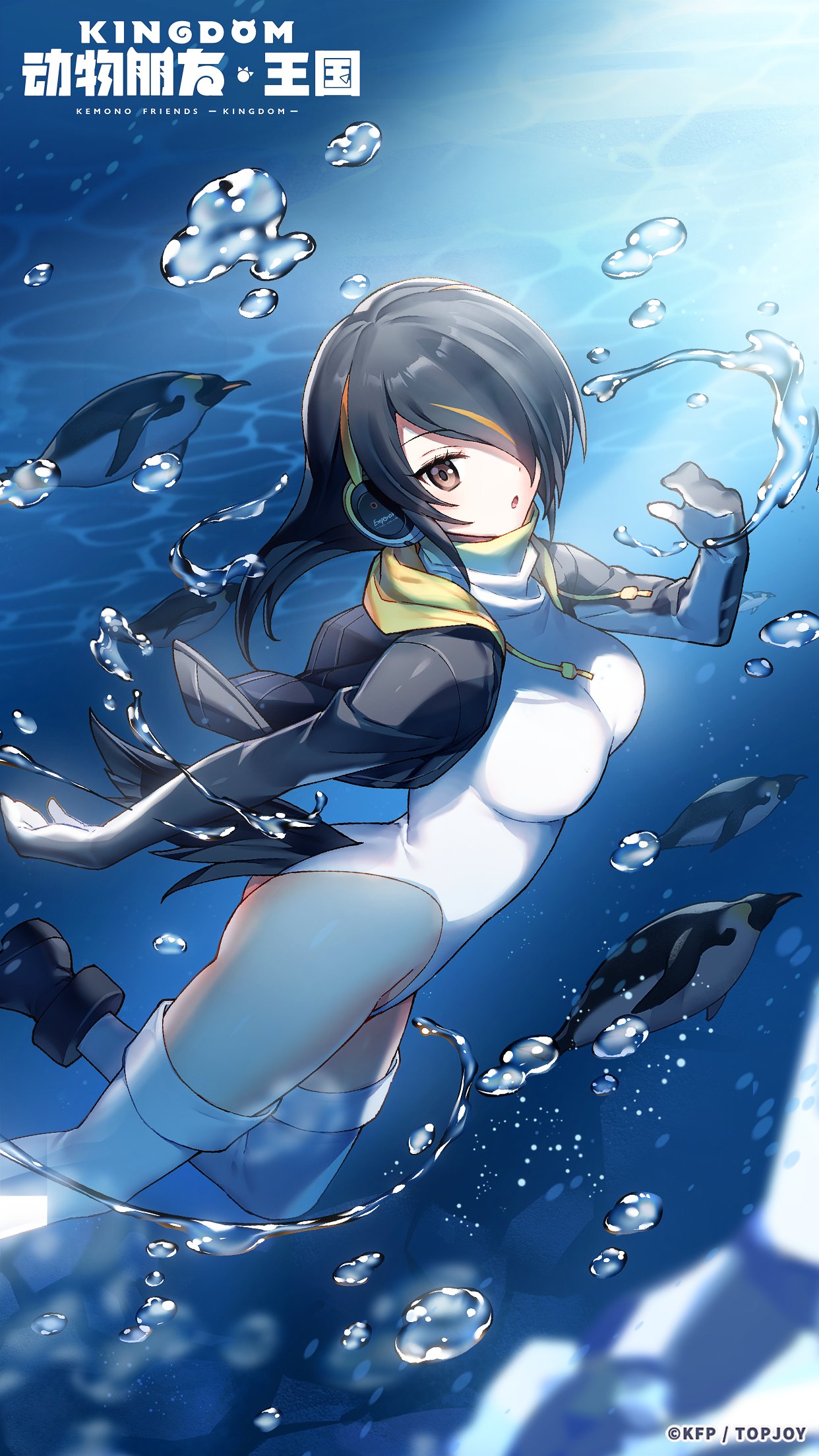 1girl animal_costume animal_hood bird black_hair black_jacket closed_mouth emperor_penguin_(kemono_friends) gloves headphones highres hood jacket kemono_friends kemono_friends_kingdom long_hair looking_at_viewer nature official_art open_mouth penguin penguin_costume penguin_hood penguin_tail solo swimsuit tail white_swimsuit