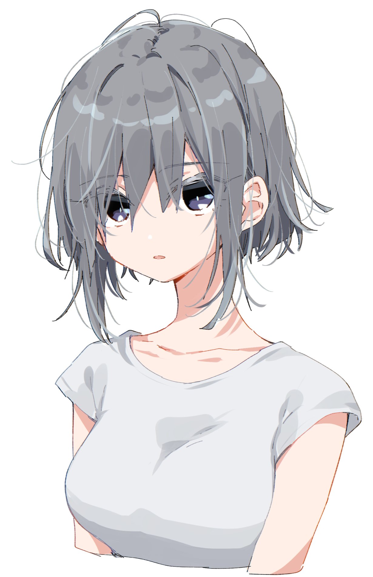 1girl bangs breasts collarbone cropped_torso grey_eyes grey_hair highres looking_at_viewer matsuda_hikari medium_breasts original parted_lips shirt short_hair short_sleeves sidelocks simple_background solo upper_body white_background white_shirt