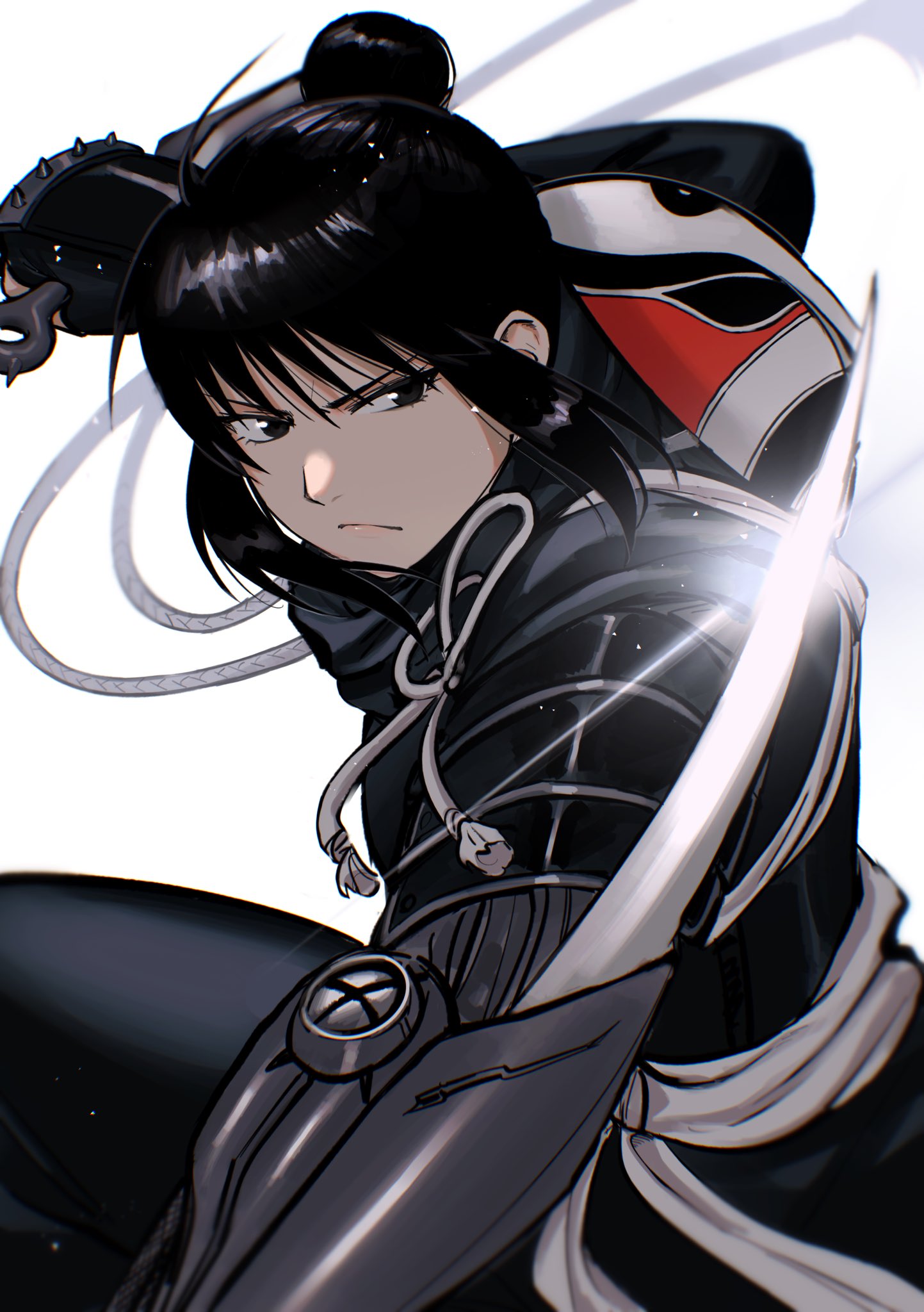 1girl arm_blade armor automail bangs black_eyes black_gloves black_hair black_pants closed_mouth eyelashes fingerless_gloves floating_hair frown fullmetal_alchemist glint gloves hair_bun highres holding holding_weapon kunai lan_fan light_particles long_sleeves looking_away mask mask_removed outstretched_arm ozaki_(tsukiko3) pants shoulder_armor sidelocks sideways_glance single_hair_bun slashing solo spiked_knuckles updo weapon white_background