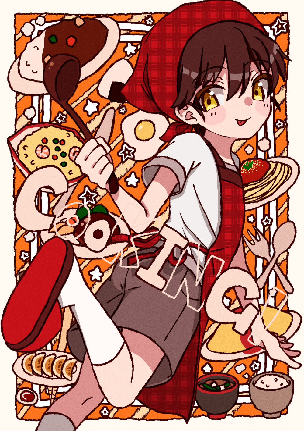 1boy apron blush brown_hair cooking food head_scarf highres ladle looking_to_the_side male_focus multicolored_background orange_background original pml shirt short_hair short_sleeves shorts sketch slippers socks solo tongue tongue_out white_background white_shirt yellow_eyes