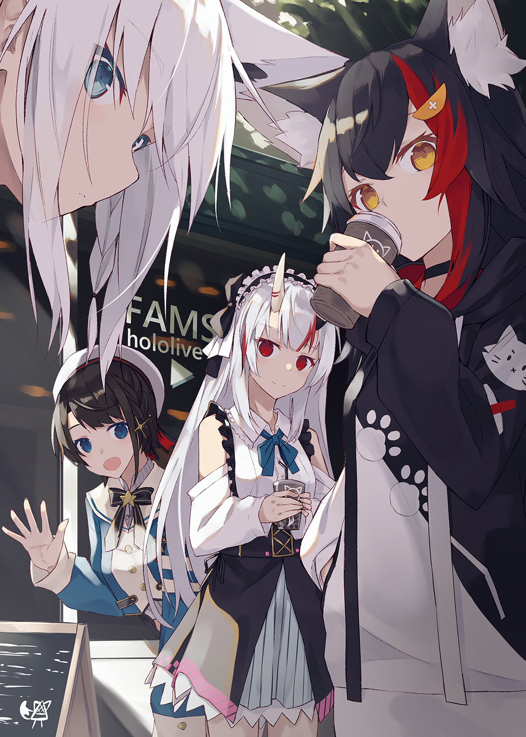 4girls :d black_bow black_bowtie black_choker black_hair blue_bow blue_bowtie blue_eyes bow bowtie choker closed_mouth drinking hair_ornament hairclip hat highres holding hololive hood hoodie horns long_hair long_sleeves looking_at_viewer multicolored_hair multiple_girls nagishiro_mito nakiri_ayame ookami_mio oozora_subaru open_mouth red_eyes sailor_hat shirakami_fubuki skirt smile streaked_hair white_hair white_headwear yellow_eyes