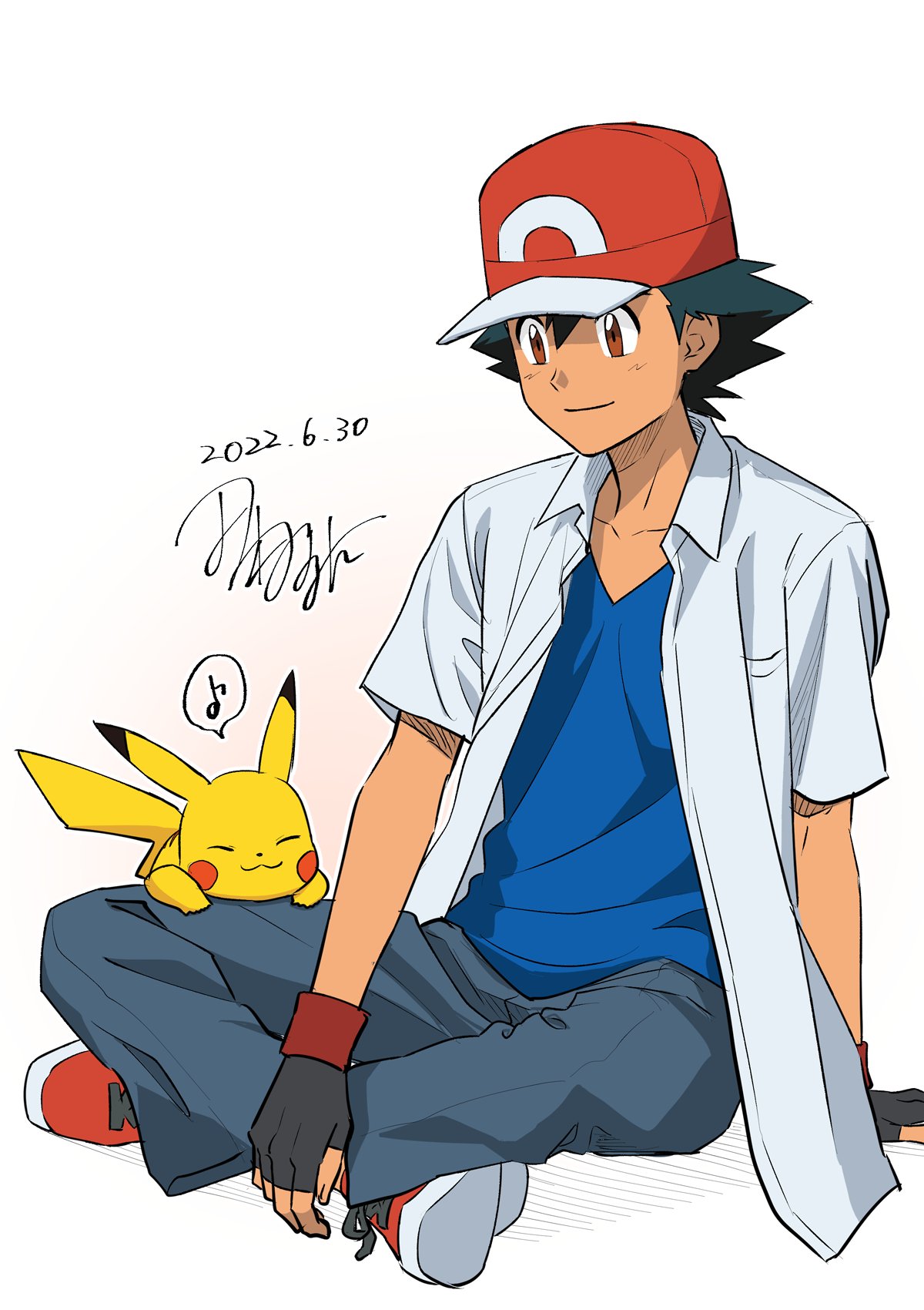 1boy arm_support ash_ketchum bangs black_gloves black_hair blue_shirt brown_eyes closed_mouth collarbone commentary_request dated fingerless_gloves gloves grey_pants hair_between_eyes hat highres male_focus one-hour_drawing_challenge pants pikachu pokemon pokemon_(anime) pokemon_(creature) pokemon_xy_(anime) red_footwear red_headwear shirt shoes short_hair signature sitting smile tamura_(kouititamura) white_background