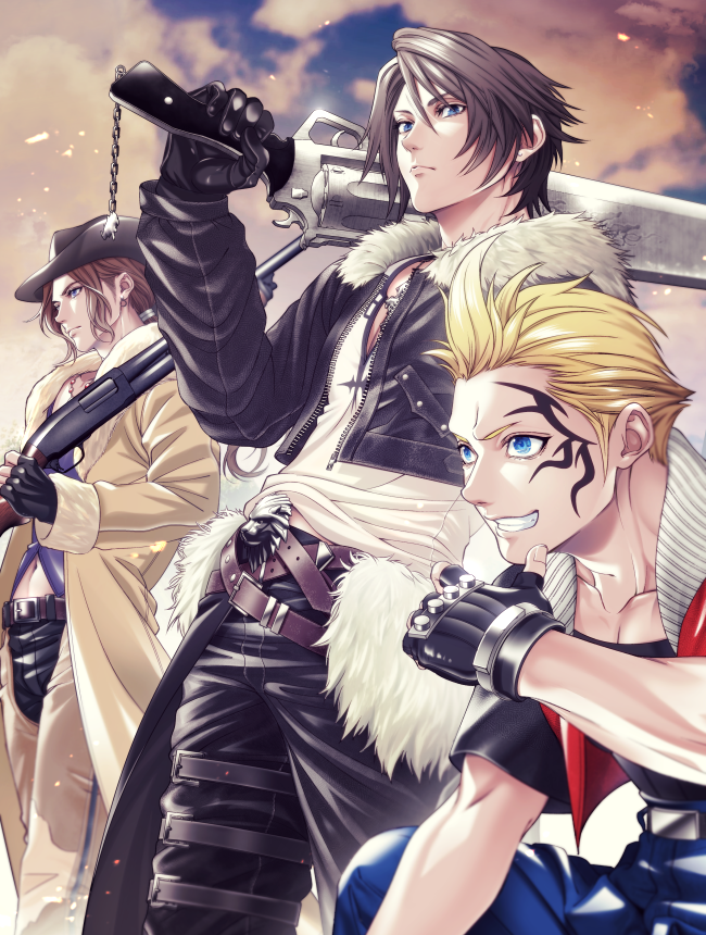 3boys bangs belt black_gloves black_jacket black_pants black_shirt blue_eyes blue_legwear blue_shirt chaps clouds cloudy_sky collarbone cowboy_hat cropped_jacket earrings facial_tattoo final_fantasy final_fantasy_viii fingerless_gloves fur_trim gloves grin gun gunblade hair_between_eyes hand_on_own_chin hat holding holding_weapon irvine_kinneas jacket jewelry ko102k1 long_coat long_sleeves looking_to_the_side low_ponytail male_focus midriff_peek multiple_belts multiple_boys muscular muscular_male navel necklace over_shoulder pants parted_bangs scar scar_on_face shirt short_hair short_sleeves shotgun single_earring sky smile squall_leonhart tattoo teeth thigh_strap upper_body wavy_hair weapon weapon_over_shoulder white_shirt zell_dincht