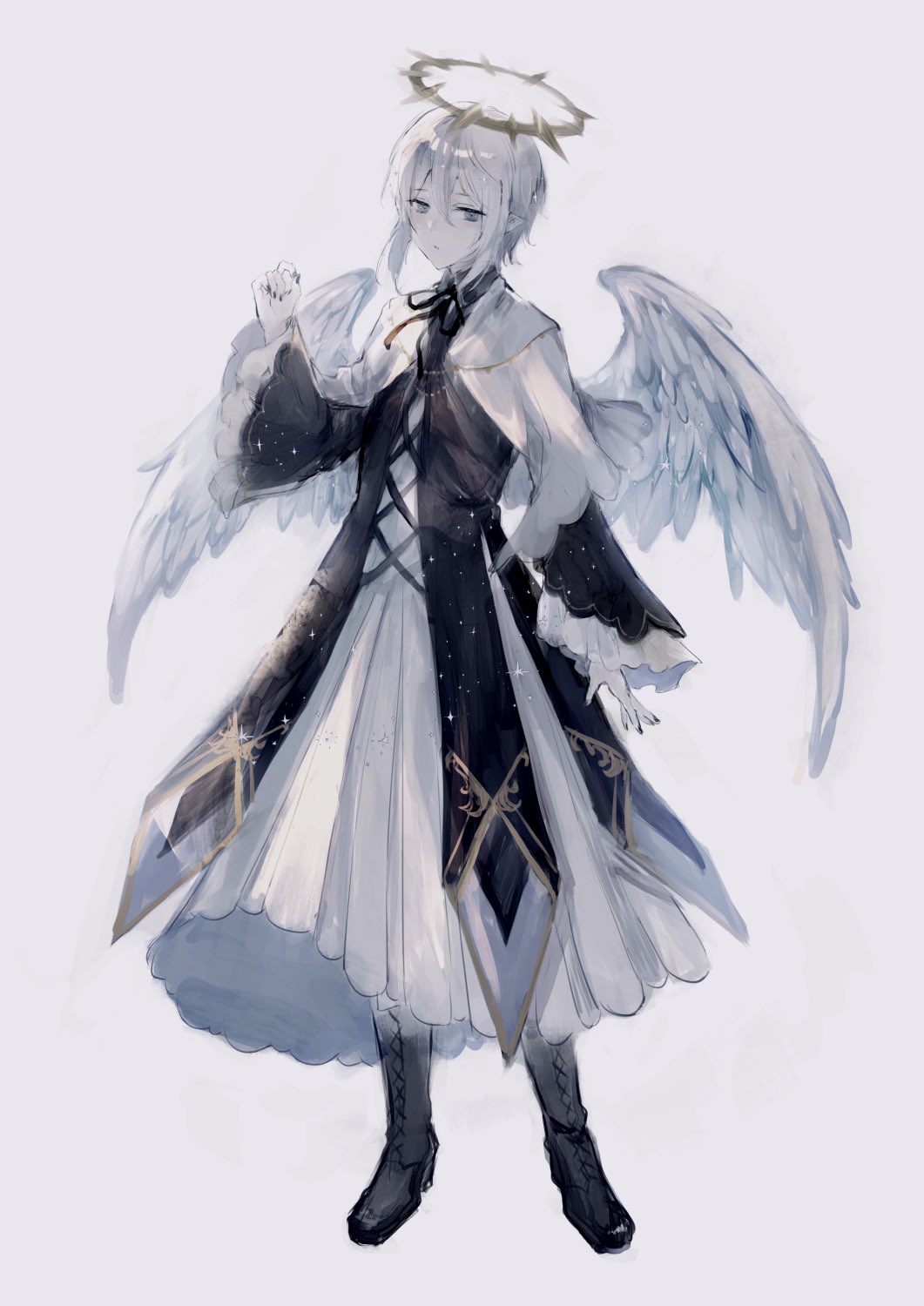 1boy androgynous angel angel_wings boots colored_skin dress facing_to_the_side full_body grey_background grey_eyes grey_hair halo highres long_sleeves looking_to_the_side male_focus mishiro_(iromishiro) nail_polish original pointy_ears solo white_hair white_skin wings