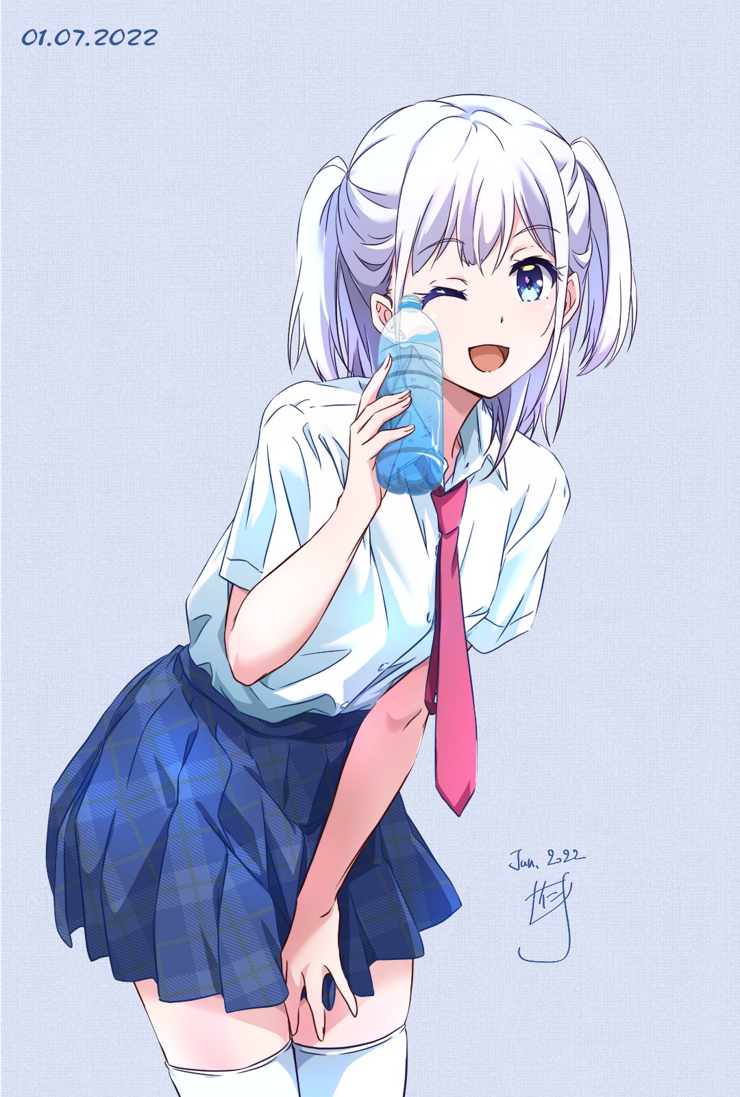 1girl :d bangs blue_eyes blue_skirt blush bottle collared_shirt dated dress_shirt hand_up highres holding holding_bottle leaning_forward long_hair looking_at_viewer necktie nii_manabu one_eye_closed open_mouth original pleated_skirt purple_background red_necktie school_uniform shirt side_ponytail signature simple_background skirt smile solo standing thigh-highs thighs water_bottle white_hair white_legwear white_shirt zettai_ryouiki