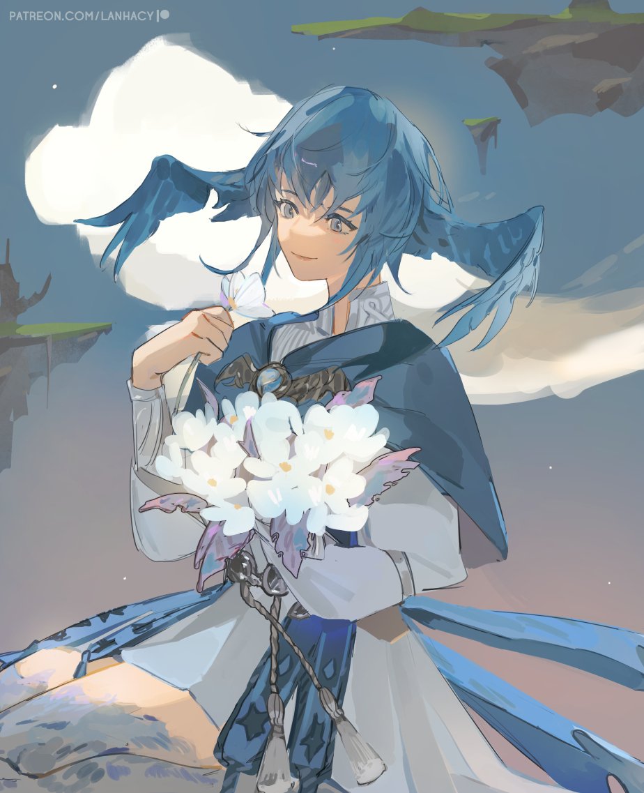 1girl bird_girl bird_legs bird_tail bird_wings blue_capelet blue_eyes blue_hair bouquet brooch capelet clouds collared_dress commentary day dress english_commentary feathered_wings feet_out_of_frame final_fantasy final_fantasy_xiv floating_island flower from_side grey_dress hand_up head_wings holding holding_bouquet holding_flower jewelry lanhacy long_sleeves meteion outdoors patreon_username seiza short_hair sitting sky smile solo tail tassel white_flower wings