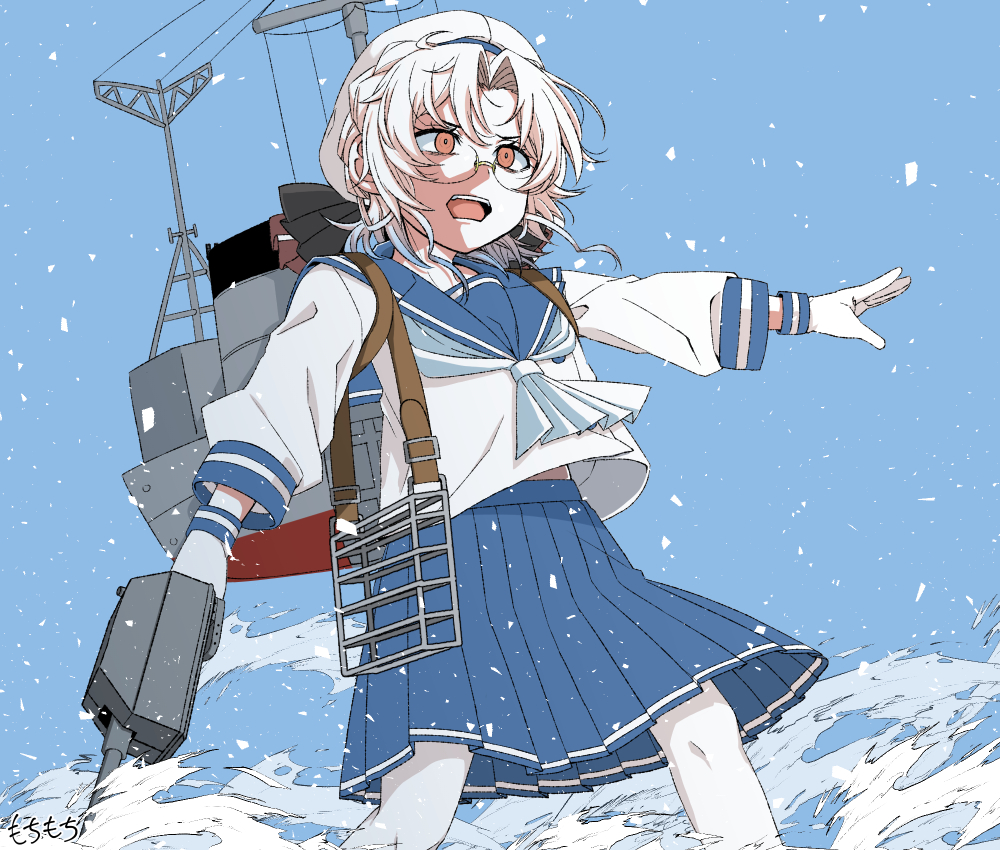 1girl adapted_turret blue_neckerchief blue_skirt blue_sky brown_eyes cannon clouds commentary_request feet_out_of_frame glasses gloves grey_hair hat hirato_(kancolle) kantai_collection long_sleeves machinery moti_coi neckerchief one-hour_drawing_challenge pantyhose pleated_skirt sailor_hat school_uniform serafuku short_hair skirt sky solo turret wavy_hair white_gloves white_legwear