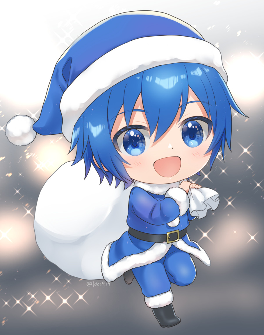 1boy :d bangs belt blue_eyes blue_hair blush boots chibi christmas fur_collar fur_trim hands_up hat holding holding_sack kaito_(vocaloid) kikuchi_mataha long_sleeves looking_at_viewer open_mouth over_shoulder pom_pom_(clothes) sack santa_costume santa_hat short_hair smile solo sparkle standing standing_on_one_leg vocaloid