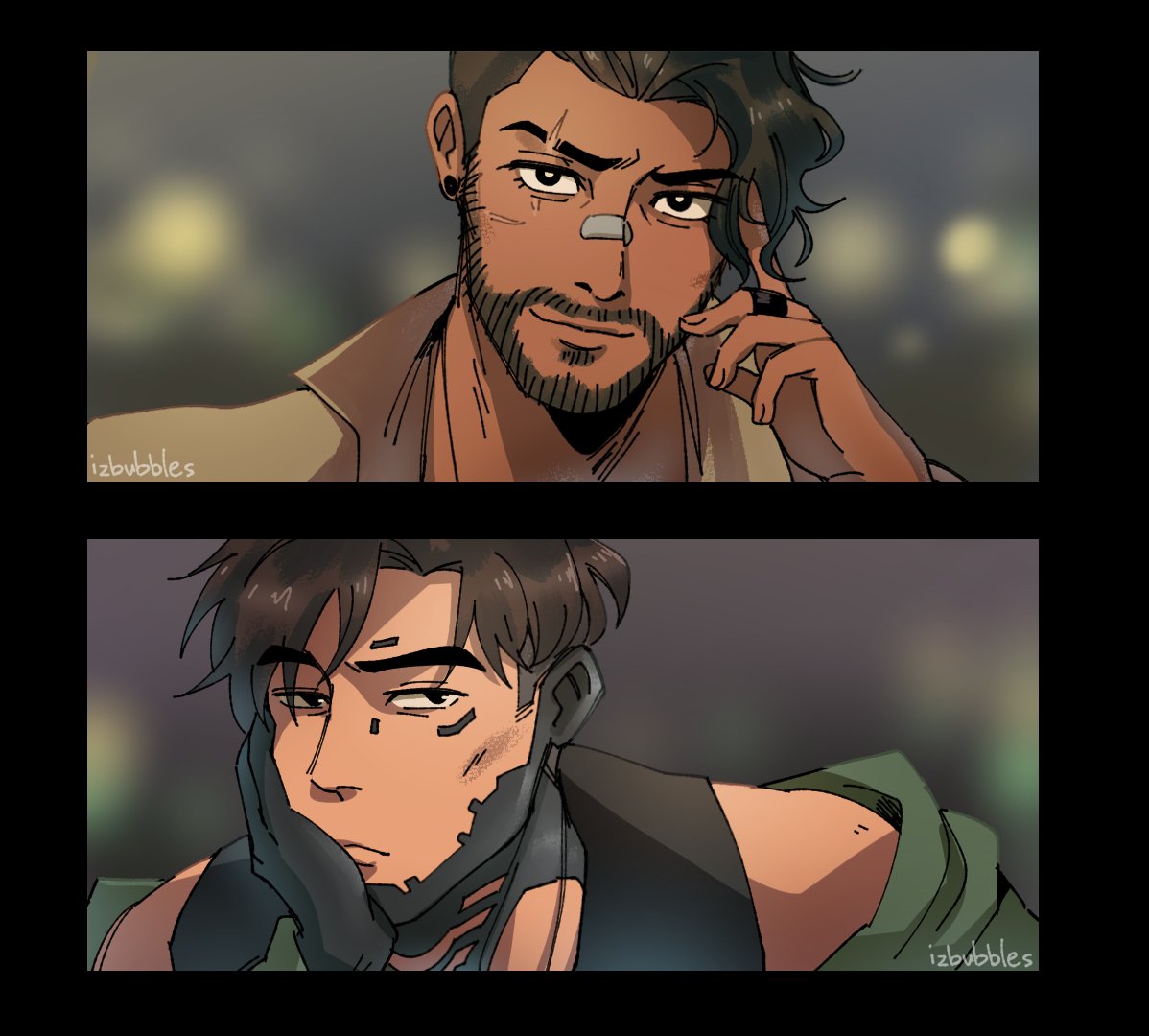 2boys apex_legends artist_name bandaid bandaid_on_face bandaid_on_nose black_border black_eyes black_hair border crypto_(apex_legends) dark-skinned_male dark_skin earrings english_commentary facial_hair goatee grey_shirt hand_on_own_cheek hand_on_own_face head_tilt izzy_(izbubbles) jewelry looking_at_viewer looking_to_the_side male_focus mirage_(apex_legends) multiple_boys scar scar_across_eye shirt smile stubble undercut