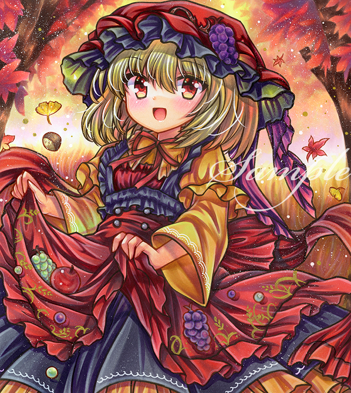 1girl :d aki_minoriko alternate_costume apple autumn autumn_leaves bangs black_dress blonde_hair blush buttons cowboy_shot day dress falling_leaves food frilled_dress frilled_hat frilled_shirt_collar frills fruit fruit_hat_ornament ginkgo_leaf grapes hair_between_eyes hat leaf long_sleeves looking_at_viewer maple_leaf marker_(medium) medium_hair mob_cap neck_ribbon open_mouth outdoors red_dress red_eyes red_headwear red_ribbon ribbon rui_(sugar3) sample_watermark shirt skirt_basket skirt_hold smile solo standing touhou traditional_media tree two-tone_dress wide_sleeves yellow_shirt