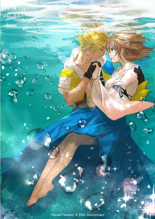 1boy 1girl arm_around_back bare_shoulders barefoot black_bra black_gloves blonde_hair blue_eyes blue_shirt bra bracelet breasts brown_hair bubble closed_eyes couple detached_sleeves final_fantasy final_fantasy_x forehead-to-forehead full_body gloves hand_on_another's_face heads_together holding_hands hood hoodie japanese_clothes jewelry legs long_skirt looking_at_another medium_breasts nexeee parted_lips shirt short_hair short_sleeves skirt suspenders tidus underwater underwear white_shirt wide_sleeves yellow_hoodie yuna_(ff10)